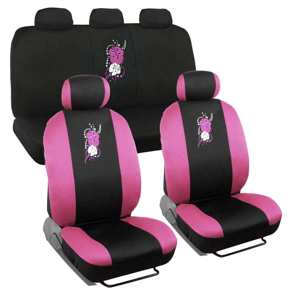Pink Hawaiian Flower Design Micro-Fleece Seat Cover Set for Car Truck SUV