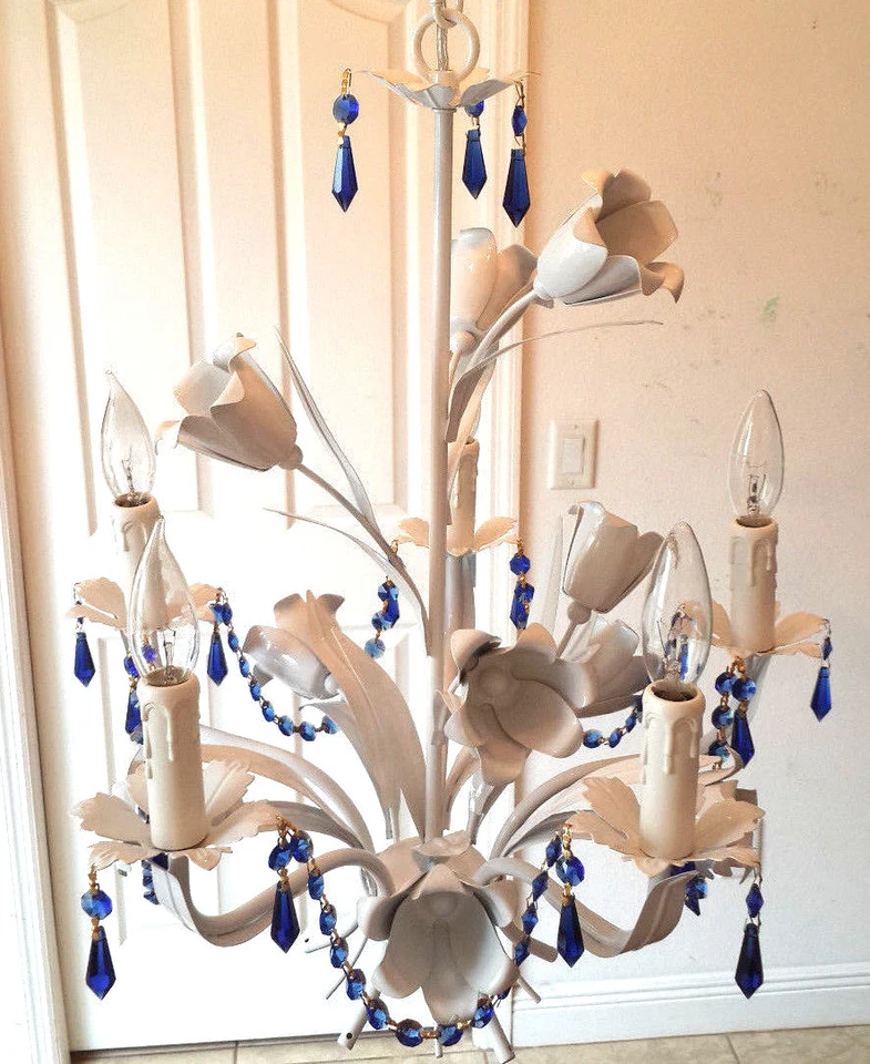 Цветочный ИТАЛЬЯНСКИЙ TOLE синий кристалл 5 света белая отделка люстра плагин вариант - Изображение 2 из 4