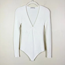 Abercrombie & Fitch Cream Ribbed V Neck Long Sleeve Thong Back Sweater Bodysuit