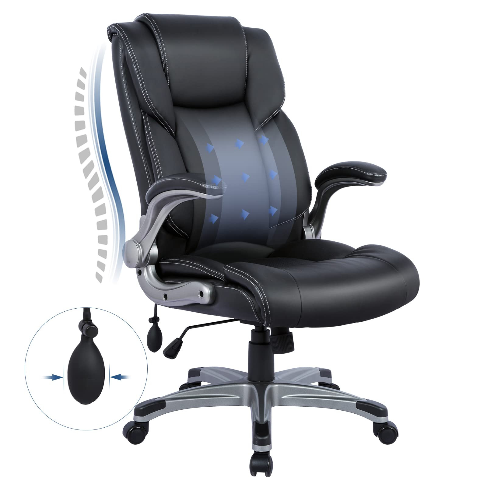 Ergonomic High Back Executive Office Chair with Leather Upholstery for Home or Desk