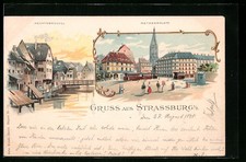 Lithographie Strassburg, Hechtebrückel, Metzgerplatz avec tramway 1898 