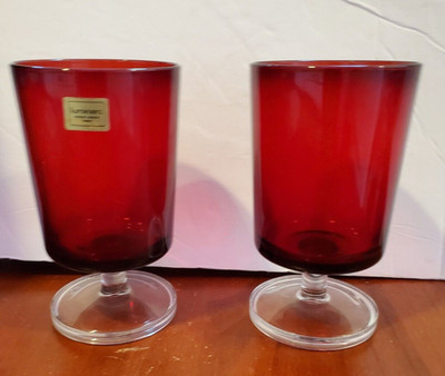 PAIR of Luminarc Ruby Red Wine Cordial Glasses Clear Stem 5''  Made in France