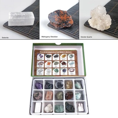 15 pièces Rock and Mineral Collection Cristaux Géologie GEM Kit pour salle