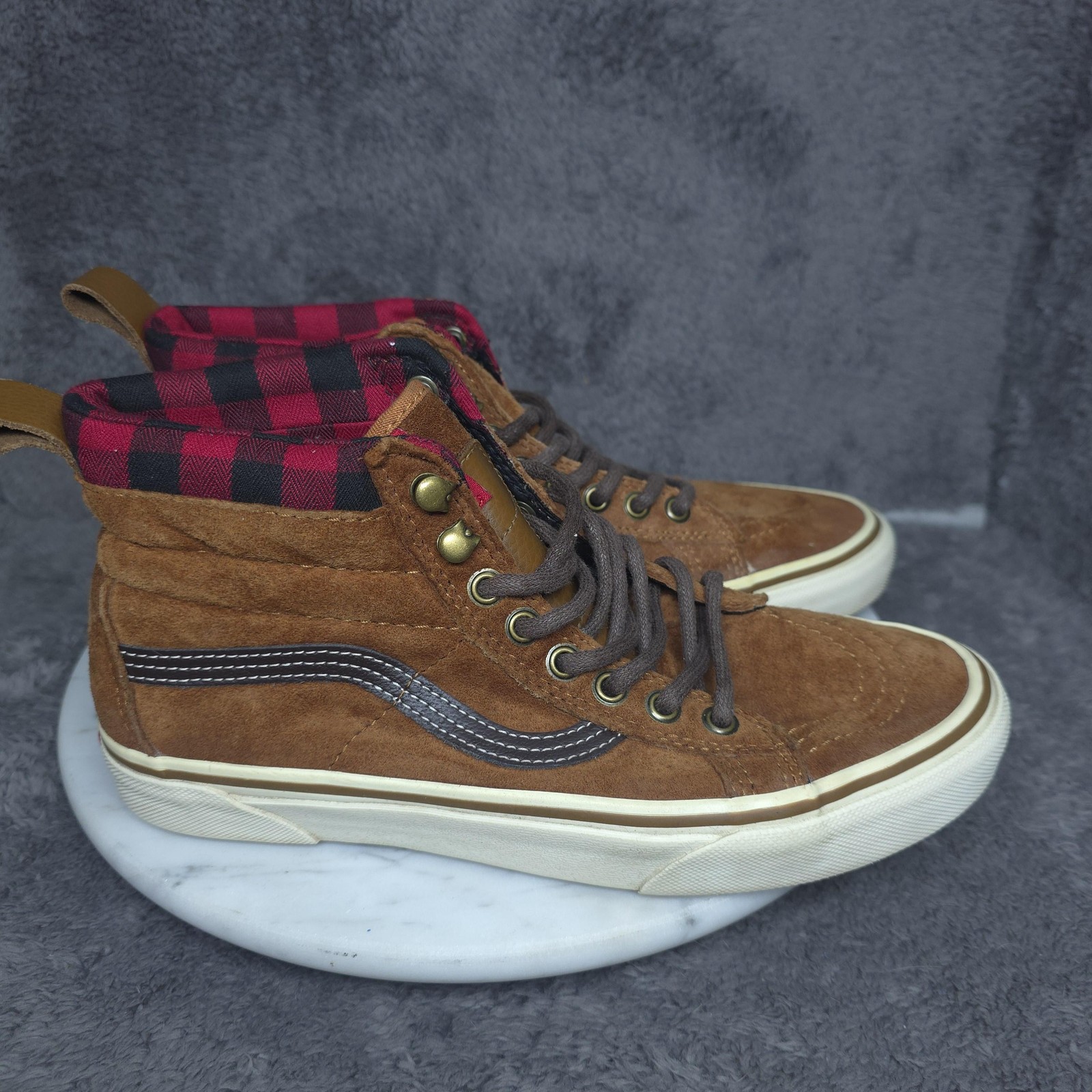 Vans Sk8-Hi MTE Shoes Mens Size 6.5 High Top Brown Suede Plaid Lined Sneakers