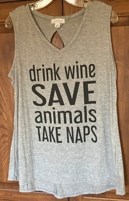 LA THREADS  Gray L Tank w/ Keyhole back DRINK WINE SAVE ANIMALS TAKE NAPS
