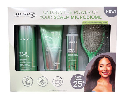 Joico Scalp Vitality 4pc Set (10.1oz Shampoo, 6oz Scrub, 3.38oz Essense, Brush)
