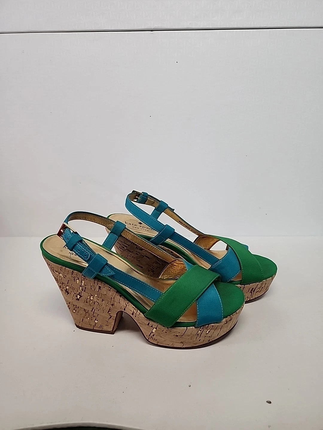 Sandali con zeppa Kate Spade donna taglia 6 5 M verde penny e blu plateau slingback