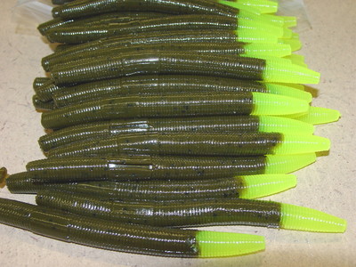 4'' Stick Senko Style Green Pumpkin Chartreuse Tail 100 count bag plastic Worm