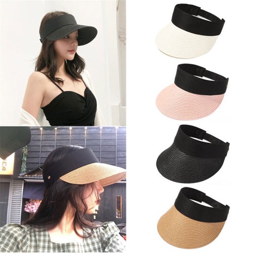 Ladies Women Summer Foldable Sun Visor Beach Hat Long Straw Tennis Cap - Picture 3 of 17