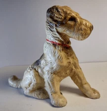 Hubley Cast Iron Still Penny Bank Sitting Wirehair Terrier Dog w/Red Collar #825