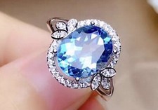 Sterling Silver S925 Lg. Oval Blue CZ w/clear CZ Accents Sz. 7