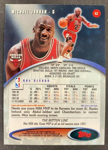 1998 TOPPS BASKETBALL CARD MICHAEL JORDAN #62 NRMT RANGE (NM) FREE S&H - Picture 2 of 2