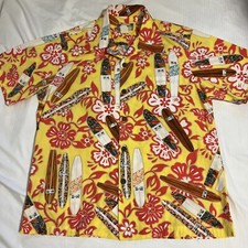 Vintage Kamehameha Men  s Hawaiian Shirt Medium Floral  Surfboards Red Yellow