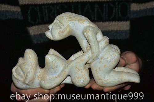 8.8" Chinese Hongshan culture White Jade Carving Man woman Make Love Statue