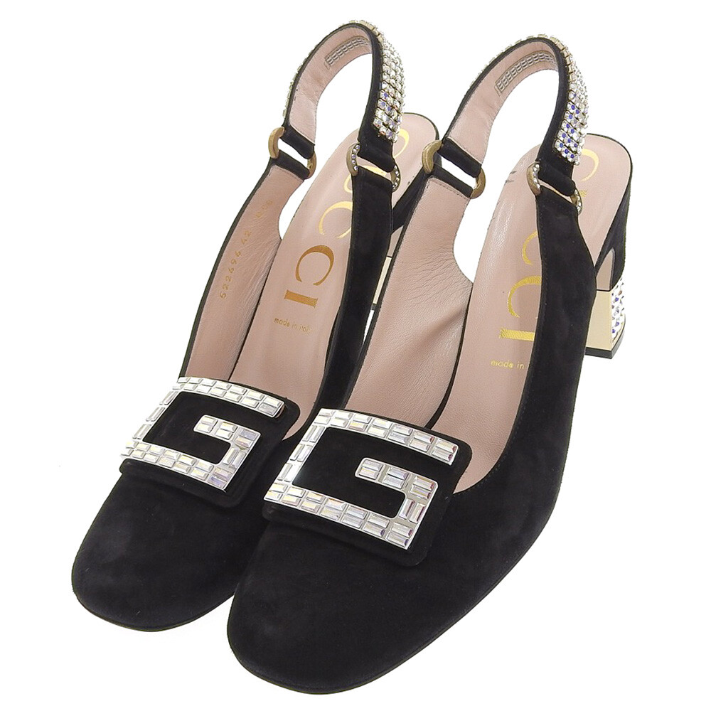 Gucci IT 42 Crystal G LOGO Suede Leather Sandals Black Square Toe Gucci