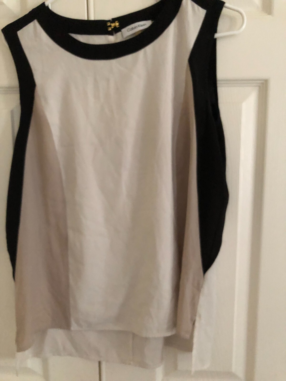 Calvin Klein Size L Cream Beige Black Top Blouse Women Stylish