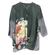 Citron Santa Monica Silk Top Womens Medium Green Floral Button Top Sheer Blouse