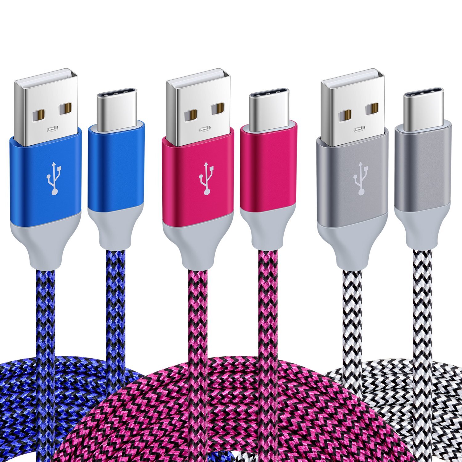 3-Pack 10ft USB C to USB A Fast Charging Cable with Nylon Braid