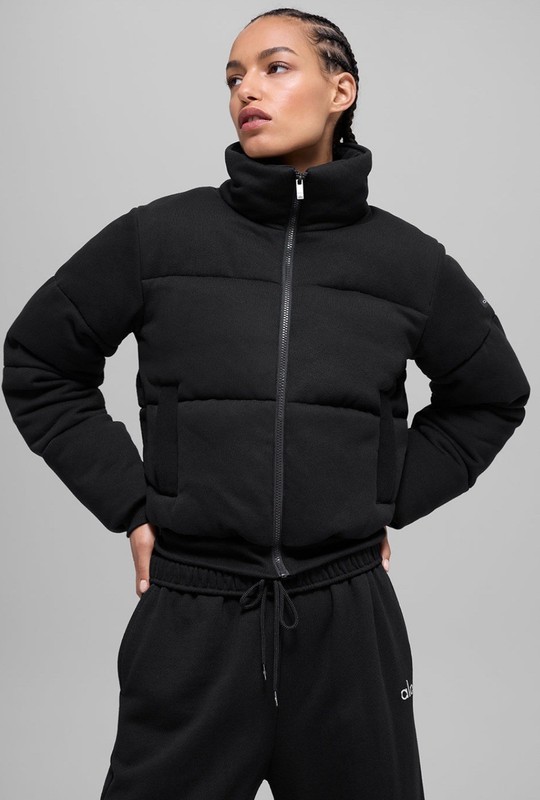 alo Women's Black Oversized Heavyweight Insulated Puffer Jacket Short Zip S