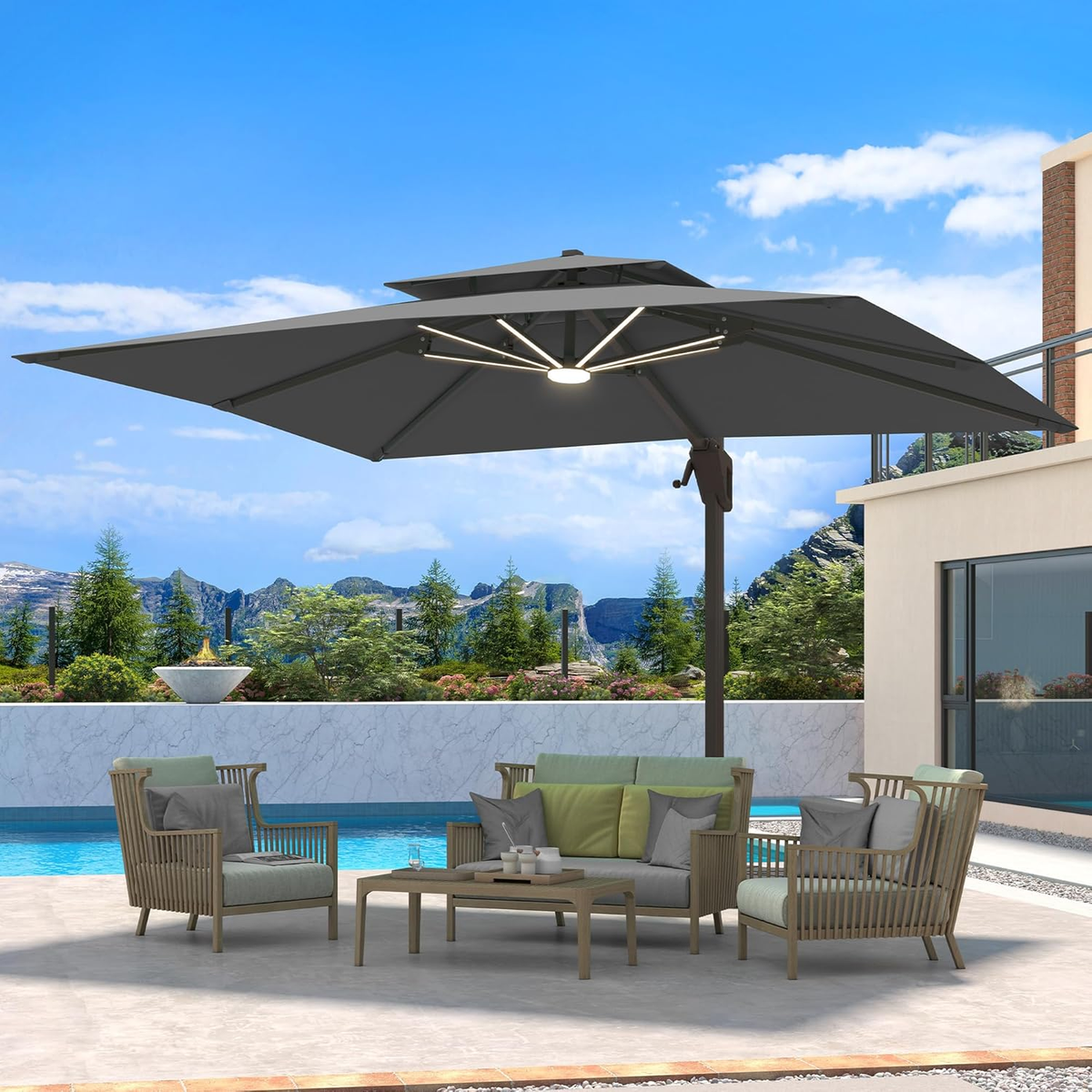 10 x 13 patio umbrella offset ebay 10x13 FT Grey Cantilever Patio Umbrella with LED Lights & 360° Rotation