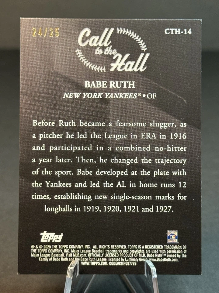 2025 Topps Series 1 BABE RUTH ORANGE CALL TO THE HALL #24/25 - Image 2 of 3