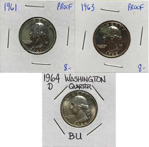 Lot of 3 Silver Washington Quarters - 1961 Proof | 1963 Proof | 1964-D BU