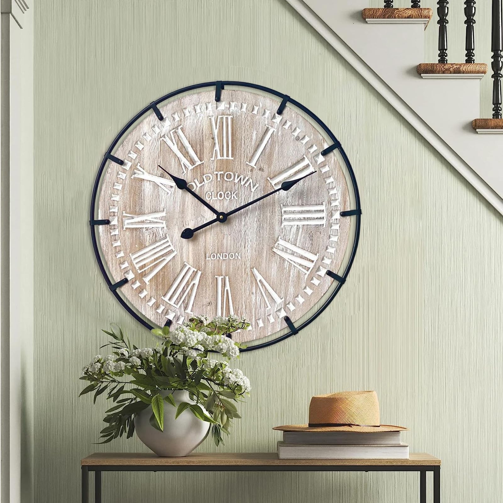 EMAX HOME 24 Inch Large Farmhouse Wall Clock, Rustic Antique Wood with Metal ...