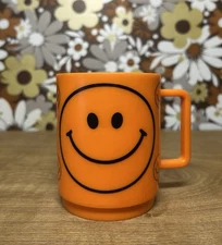 Vintage 70s Deka Smiley Face Mug Rare Retro Stackable Hard Plastic EUC Orange