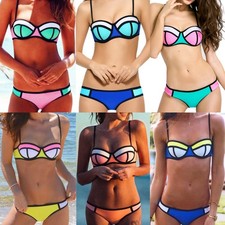 NEW Womens Neoprene Bikini Set Wet Suit - Push Up Colored Swimwear Bathing Suit+