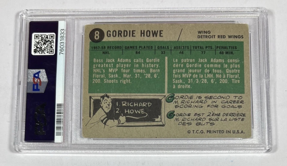 1958-59 Topps GORDIE HOWE HOF PSA SIGNED AUTOGRAPHED Hockey Card #8 RED WINGS - Image 2 of 2