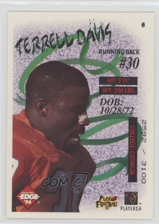 1996 Collector's Edge Big Easy Gold Foil /3100 Terrell Davis #6 HOF - Image 2 of 2