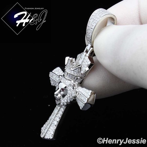 MEN SOLID 925 STERLING SILVER MOISSANITE 3D LION KING HEAD CROSS PENDANT*SMP542 - Picture 3 of 7