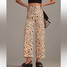 Anthropologie Colette Cropped Wide-Leg Pants Maeve White Floral Cotton Sz 29 EUC