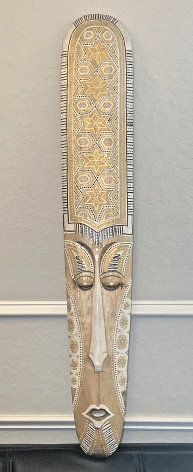 Máscara de madera Tiki primitiva tribal arte tatuaje placa de pared grabada 39 pulgadas de alto Foto 3 de 4