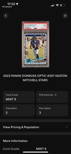 2023 Panini Optic #207 Keaton Mitchell RATED ROOKIE STARS Holo PSA 9 LOW POP - Picture 3 of 3