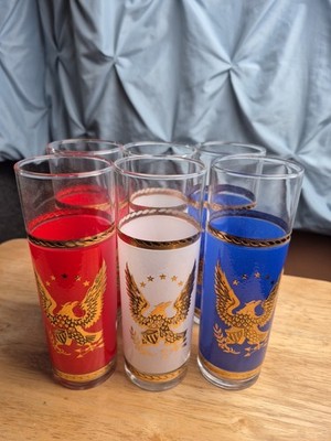 VINTAGE MCM Libby Patriotic Highball Bar Glasses Red White Blue Eagle 6