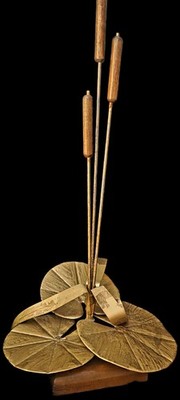 Vintage Brutalist Brass Cattails & Lily Pads Sculpture 
