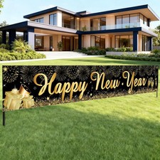 Happy New Year Yard Sign Banner 20x120 Inch Black Gold Years