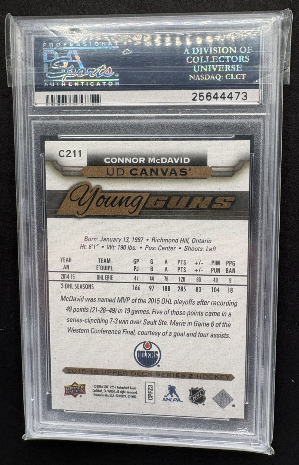 Connor McDavid PSA 10 GEM MT 2015-16 Upper Deck  UD Canvas Young Guns #C211 (RC) view 2