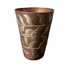 Antique Middle Eastern Hand Made Copper Cup w/ Repoussé Brass Decor., 4.5" T