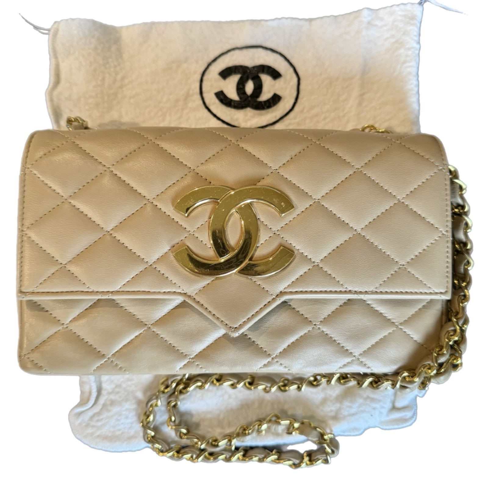 CHANEL VINTAGE CC Logo quilted Crossbody Mini Flap Bag Beige 24K Gold-Plated HW
