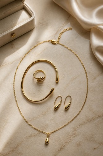 4pc Gold Teardrop Jewelry Set - Necklace, Cuff Bangle, Ring & Earrings