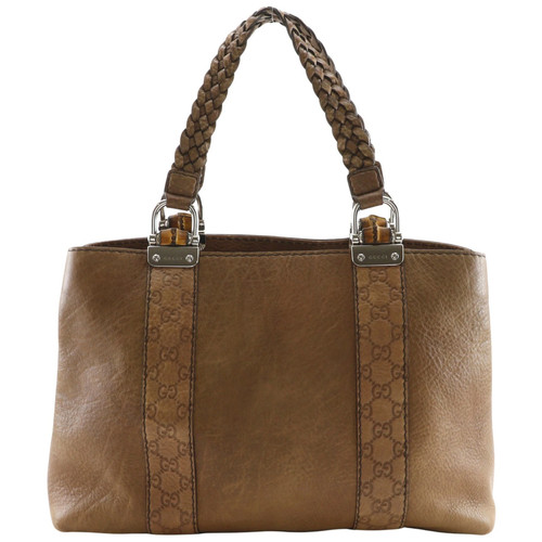 Gucci Bamboo Bar Tote Bag Gg 232947 Striped Leather Brown Shoulder Handbag A4 Op