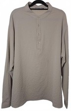Men's Beige Textured Long Sleeve Button-Up Shirt with Mandarin Collar