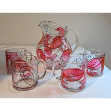 Vtg 2 1/2 qt Crab Pitcher with 4 Matching Glass Mugs Hand Painted Signed Beach