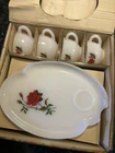 Vintage Federal Glass Rose crest Set 8pc in box Dura White Milk Glass Red Rose