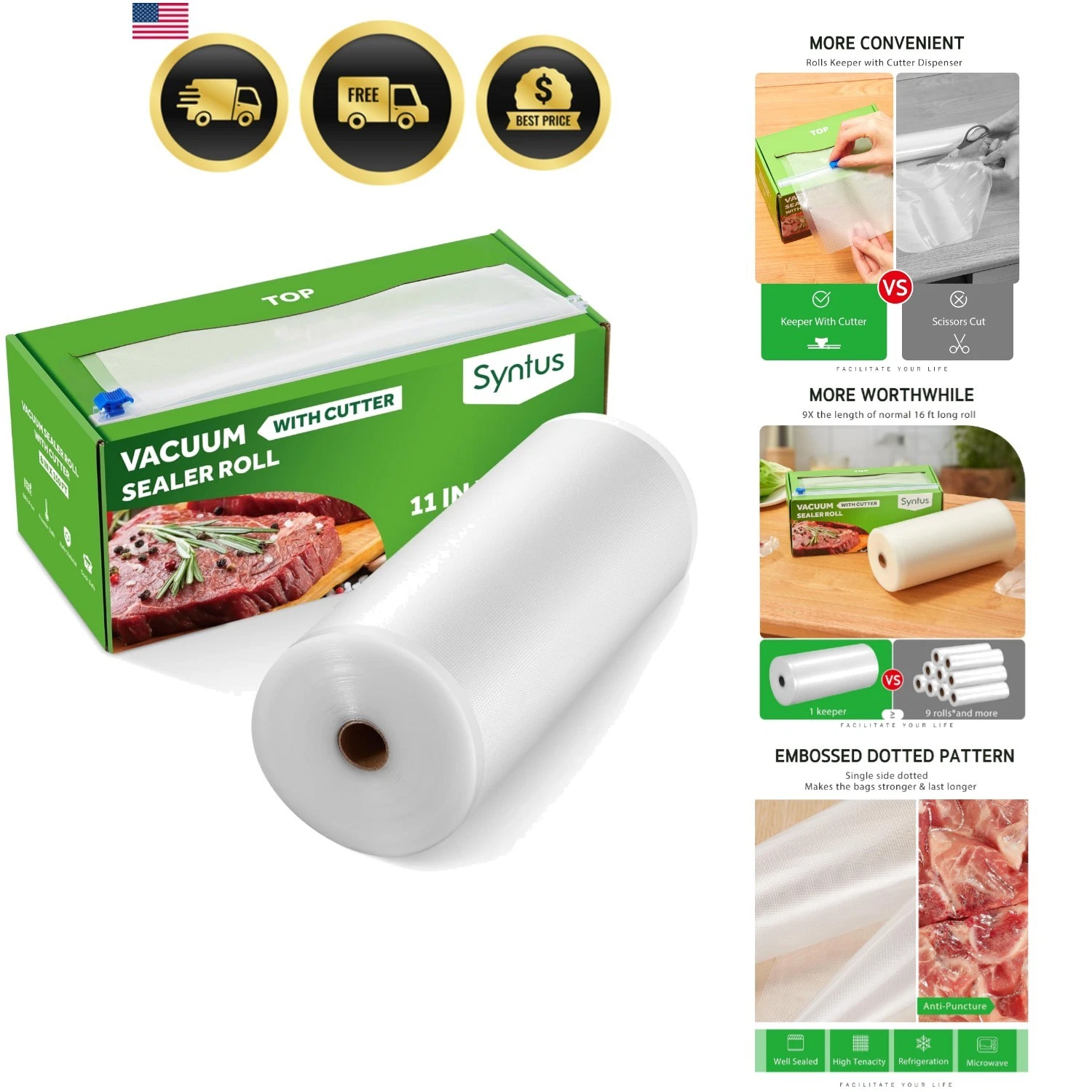 11" x 150' Food Vacuum Seal Roll Keeper with Cutter Dispenser, Commercial Gra...