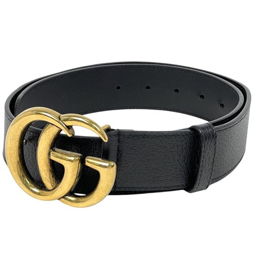 Used GUCCI Double G Wide Belt GG Marmont Belt Leather Black Men's Used