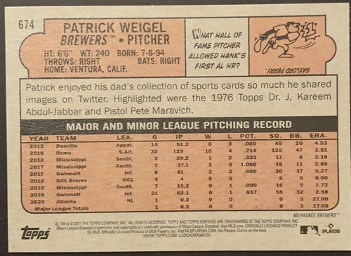 (81) 2021 TOPPS HERITAGE HIGH NUMBER PATRICK WEIGEL #674 ROOKIE RC - Picture 2 of 2