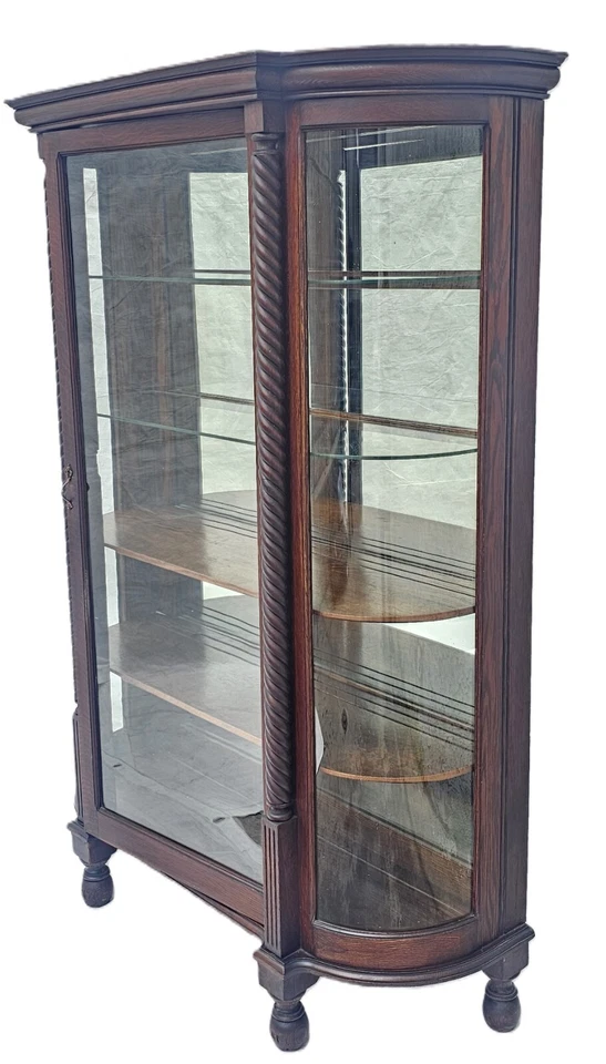 Дубовый изогнутый стеклянный фарфоровый шкаф испанского возрождения с ячменными витыми колоннами 1910 - Изображение 3 из 4